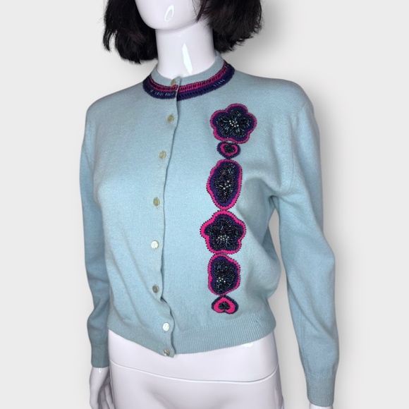 Vintage 1950s Light Blue Wool Cashmere, Floral, Beaded Cardigan Sweater - Picture 2 of 6
